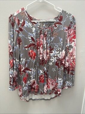 Daniel Rainn Gray Floral Pintuck Blouse with Red and Pink Flowers